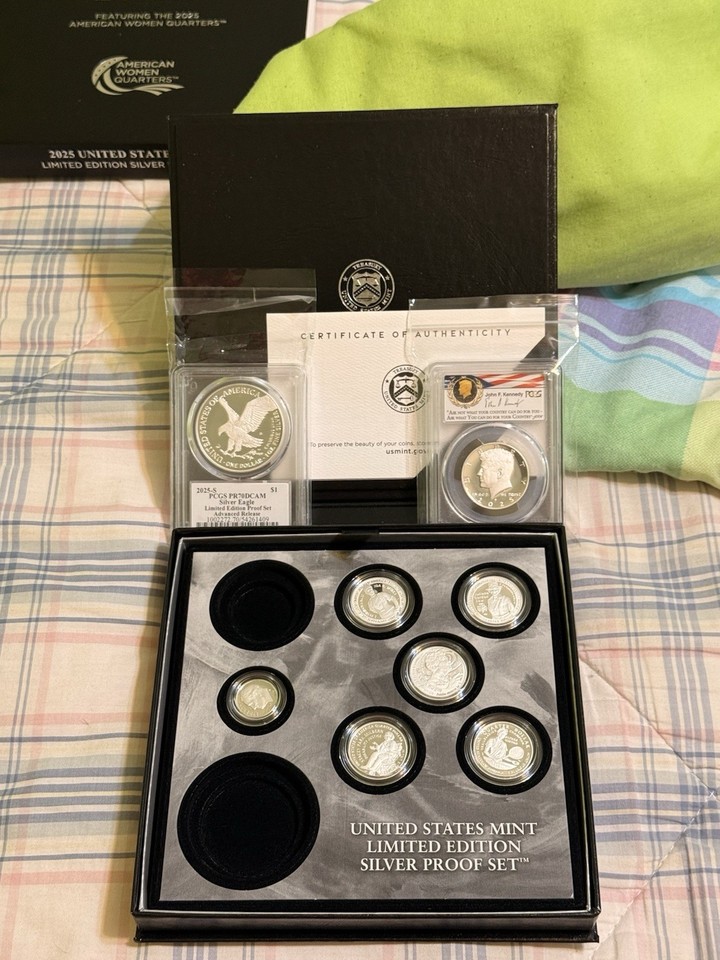 PCGS 2025 S SILVER EAGLE & KENNEDY PR70 DCAM LIMITED EDITION W/6 COIN ...
