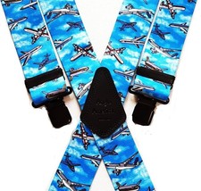 Mens Braces Heavy Duty 1.5" or 2" Light Blue Aeroplane Aircraft Black Clip