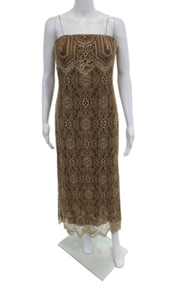 Carmen Marc Valvo Womens Lace Spaghetti Strap Evening Gown Brown Size 10