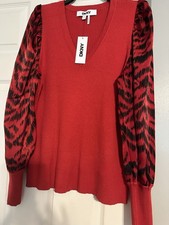 NWT DKNY Women  s Red/Black Rib-Knit V-Neck Pullover Puff Sleeve Sweater XL