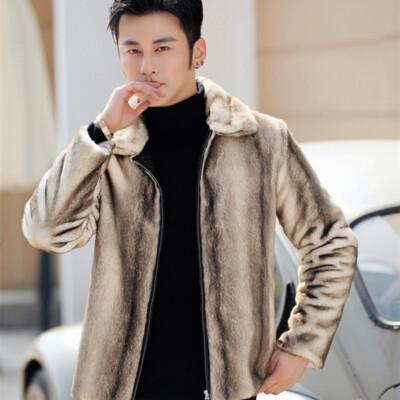 Winter Mens Faux Mink Fur Short Coat Overcoat Lapel Collar Outwears Zip Slim Fit