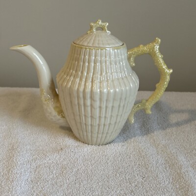 Belleek Porcelain Limpet Teapot with Yellow Lustre Highlights and Green Mark