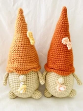 Whimsical Set of 2 Hand crochet Gnome 12 inches Tall Cream & Orange