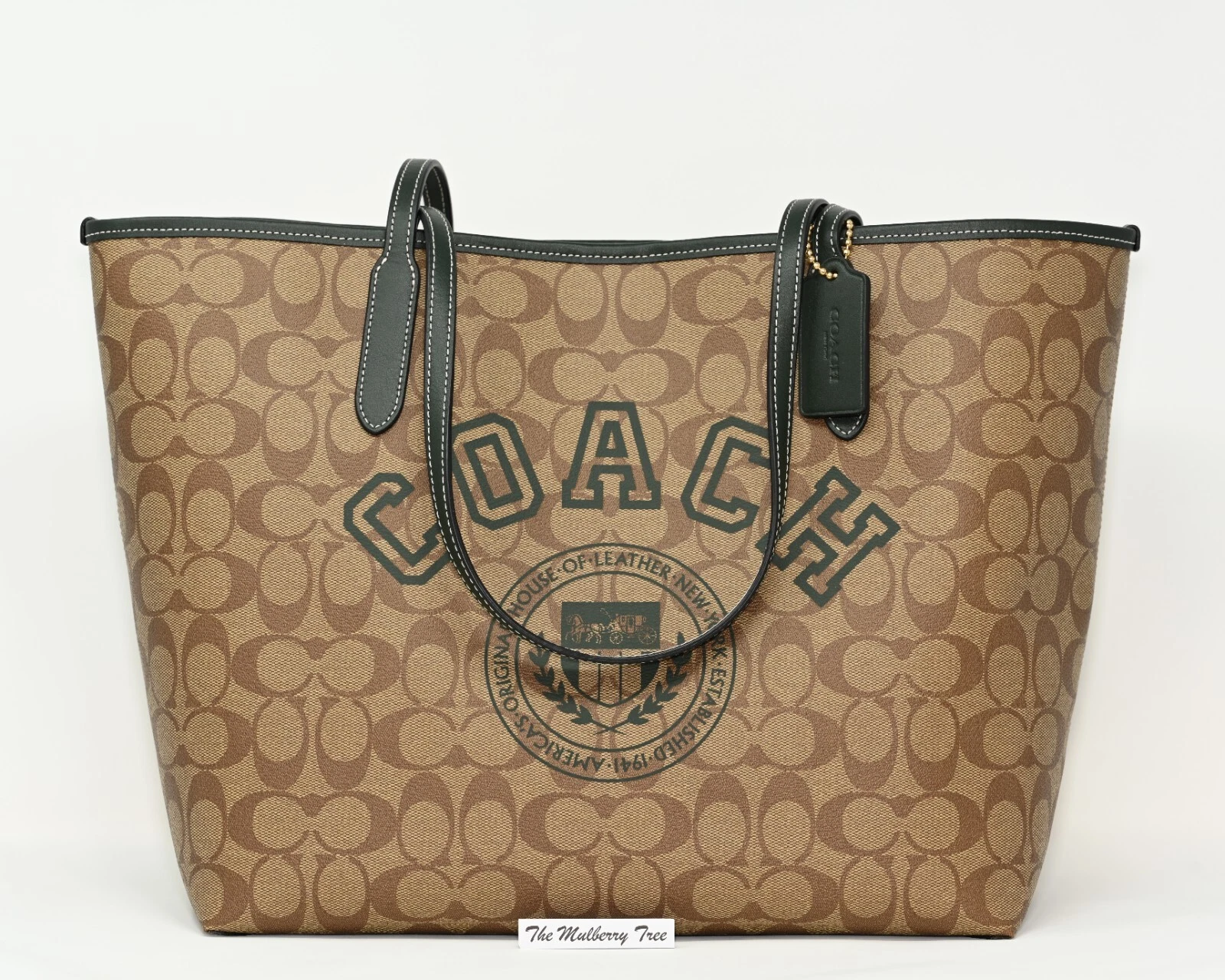 BORSA COACH CITY Firma tela cachi verde Amazon motivo varsity CB869 nuova con etichette $428