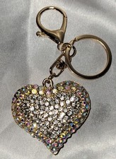 Beautiful Iridescent And Silver Crystal Heart Keychain/Bag Charm NWOT Gold-tone