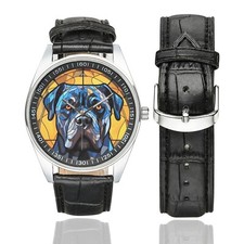 Stained Glass Cane Corso Watch with Black Leather Band For Adult
