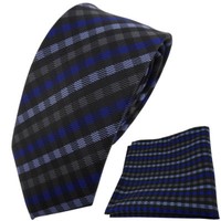 Schmale Tigertie Krawatte + Einstecktuch Blau Anthrazit Schwarz Gestreift