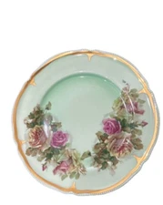 Vtg Imperial Porzellan 10” Plate Green Pink Floral Germany Hand Painted Gold Rim