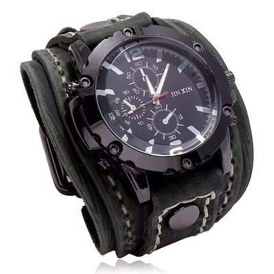 Wide Leather Watch Cuff Band Brown Wrist Black Strap Punk Retro Quartz Mens New