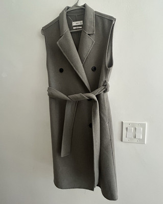 MNG Mango Women s Gray Wool Sleeveless Double-Breasted Belted Vest Coat Size S