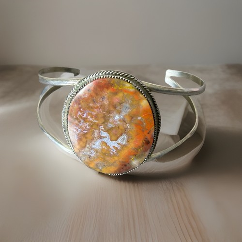Bracciale vintage sterling con grande pietra di diaspro bombo. Firmato - Foto 5 di 7