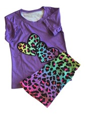 Girls' Purple Leopard Heart Print Summer Short Set Size 5-6 years NWOT
