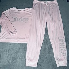 JUICY COUTURE Pajama Set L Studded Velour Fleece Long Sleeve Top Pants Pink 3F