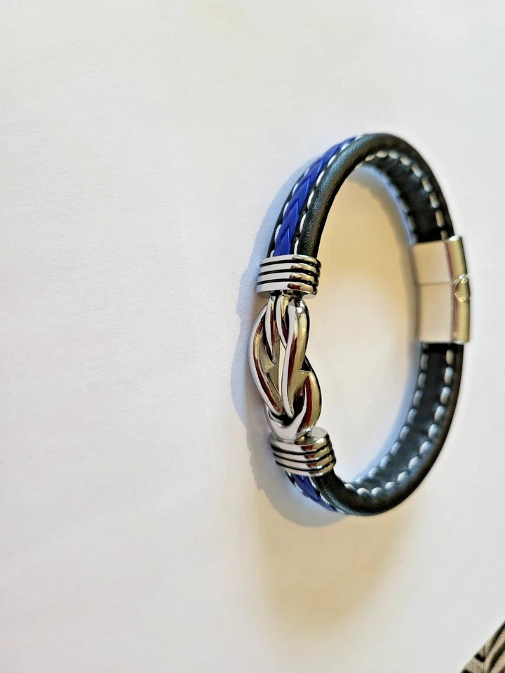 Bracelet Homme tresse Cuir bleu fermoir aimant acier inoxydable 22.5 cm - Photo 3/4