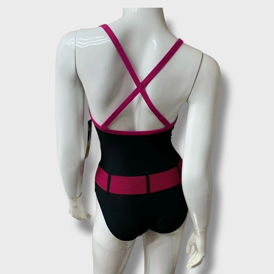 Vintage JAG One Piece Swimsuit Black Purple Belt Zip Front Sz 6 S Strappy Back - Image 3 of 4