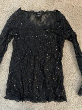 Moda International Black Lace Sequin Long Sleeve Top Size X-large