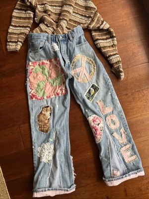 Artsy Upcycled Size 38 Levis Hippie Jeans Patchwork Pearl Woodstock 8 Pockets