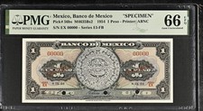 Banco de Mexico M4635Bs2 P#56bs 1954 SPECIMEN 1 Peso PMG 66