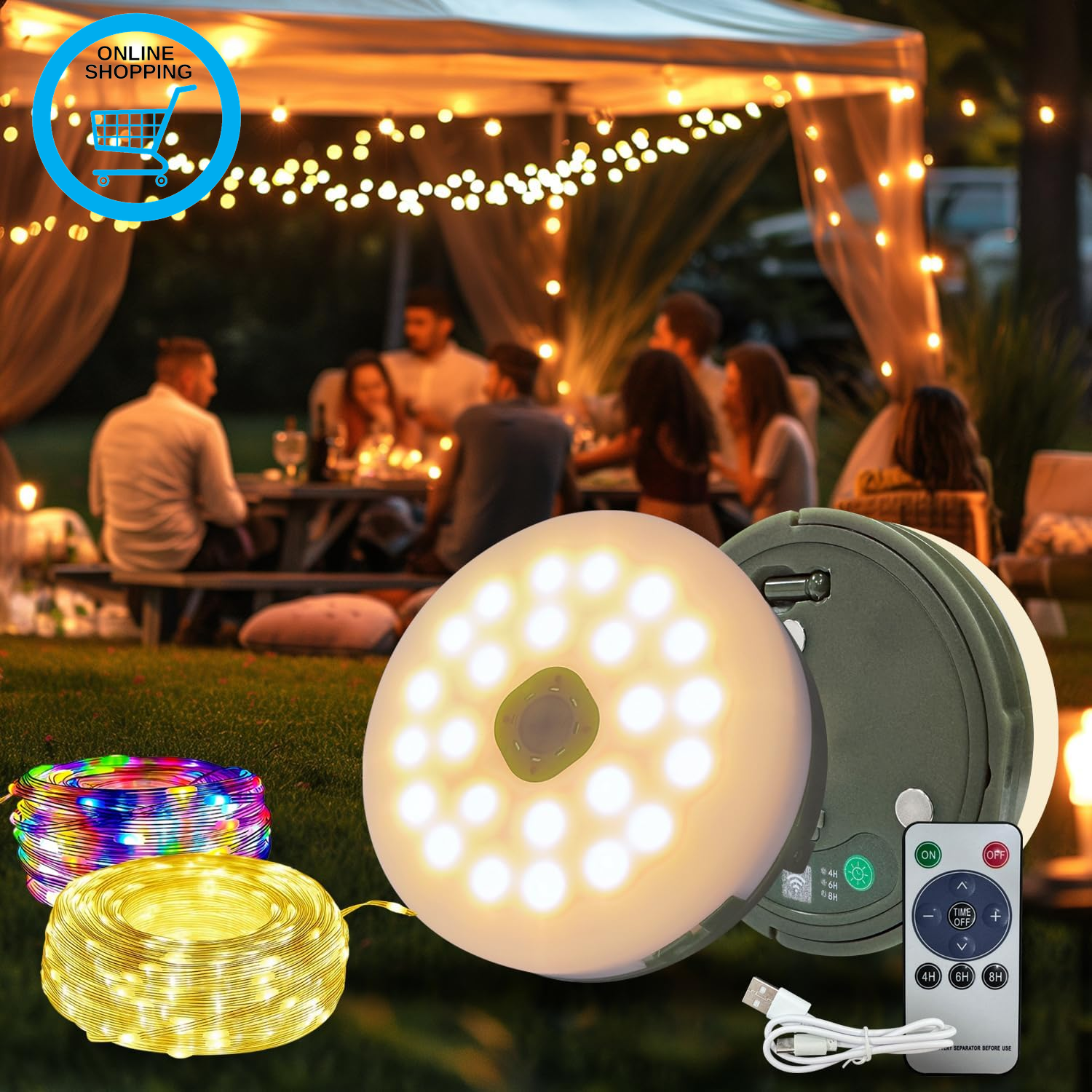 Camping String Lights 10M 100LED, 2000Mah USB Rechargeable Outdoor Fairy Lights,