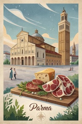 Wunderschönes Parma Italien Reiseposter - Vintage Stil Oper und Schinken Druck_Mo