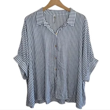 Zenana | Oversized Boxy Dolman Striped Button Up Short Sleeve Shirt Size L/XL