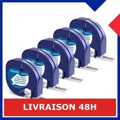 5 Rubans Étiquettes 12mm x 4m Compatibles Dymo LetraTag Noir Blanc - Photo 1/4