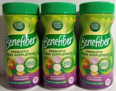 3 Benefiber Chewable Prebiotic Fiber Supplement 100 Tablets Each. Exp: 10/2025