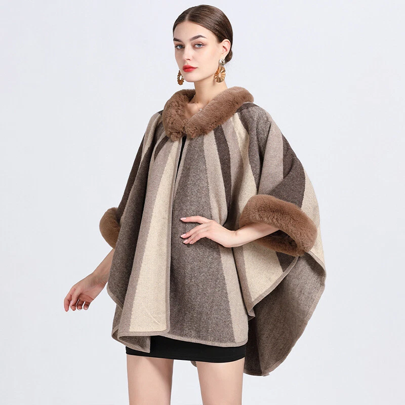 Women Faux Fur Collar Poncho Shawl Cape Cloak Faux Woolen Cardigan Batwing - Image 4 of 4
