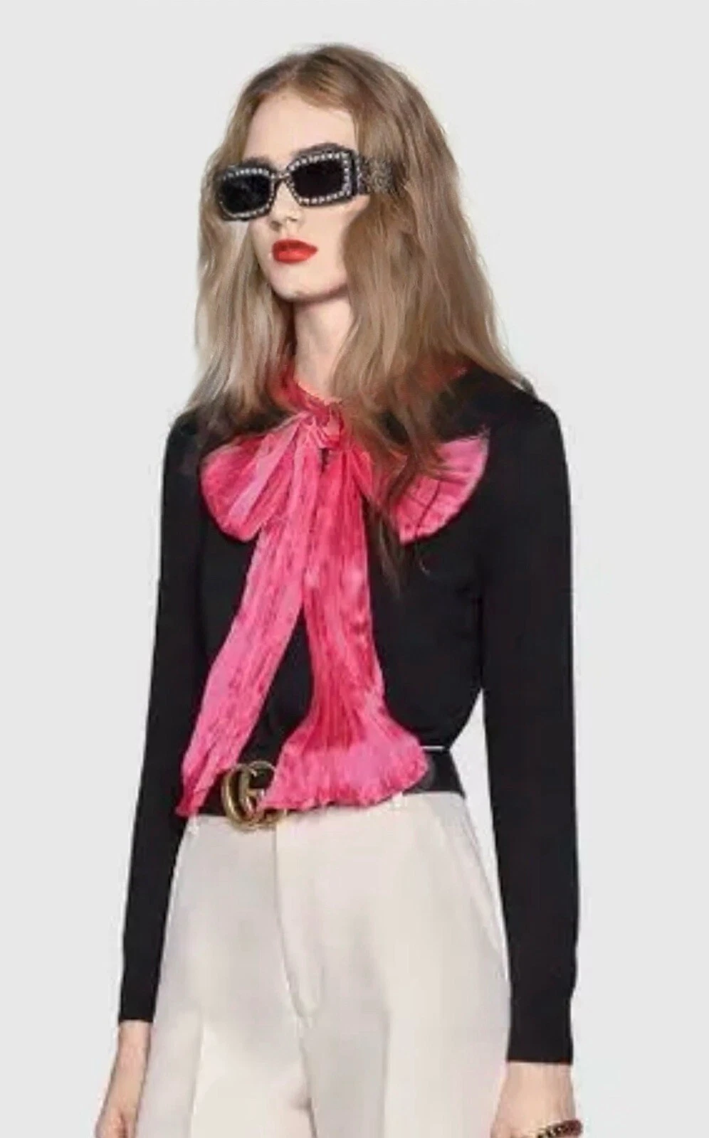 2K Nuovo Gucci 2017 Barbie Nero Rosa Lucido Fiocco Maglione 40 42 4 6 Top Jacket S M