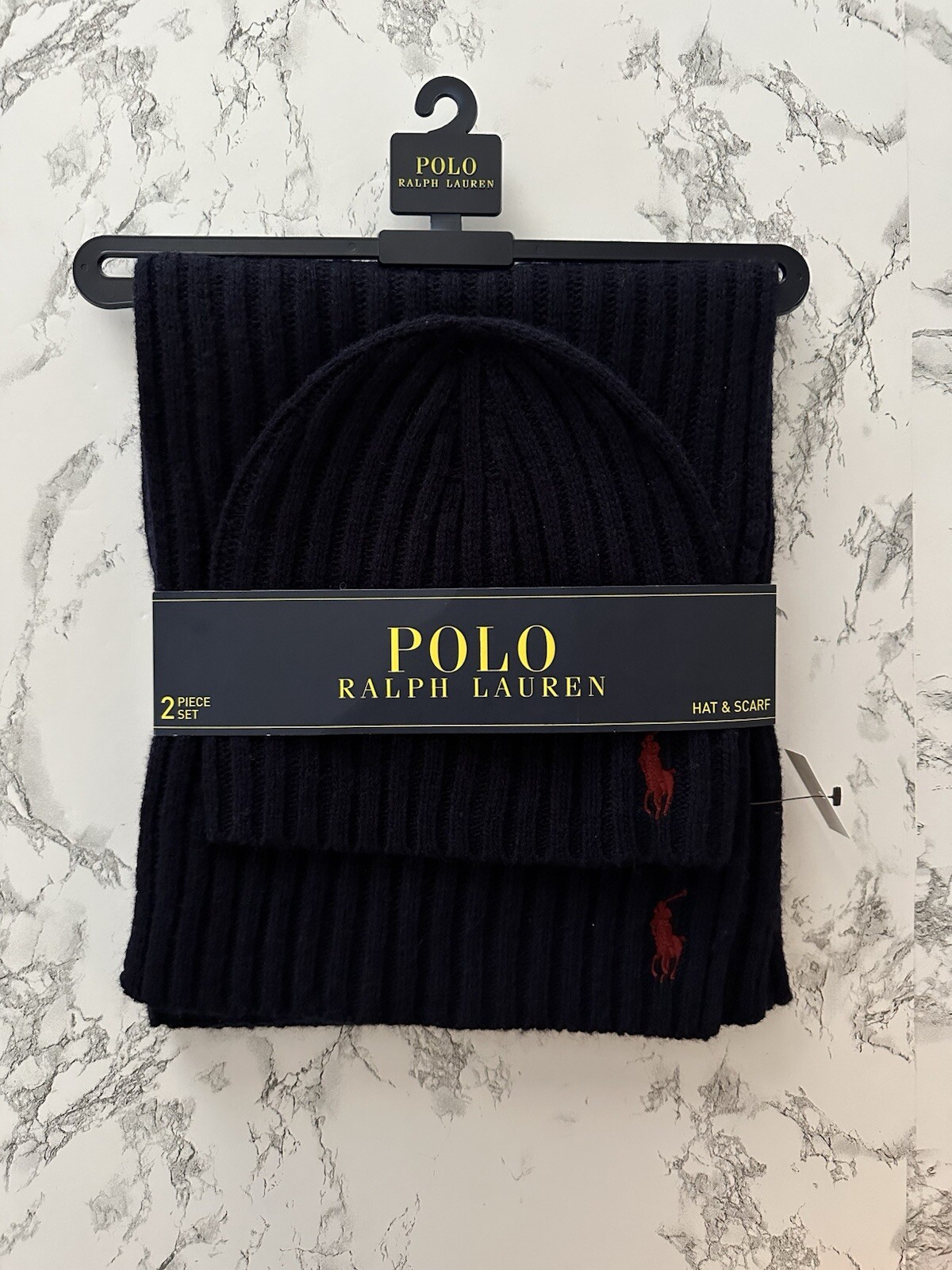 Polo Ralph Lauren Pony Logo Wool Blend Hat Beanie & Scarf Bundle PWing Twill Rib