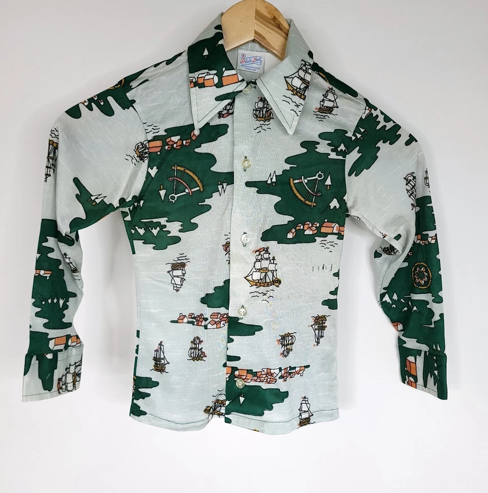 Camisa De Colección Años 70 Dixie Lad Niñas Botón Delantero 6 Verde Barco Náutico Retro LEER Foto 2 de 4