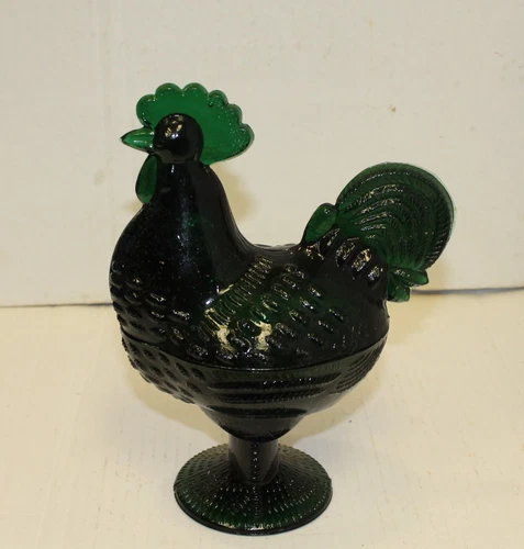 Dark Green Glass Rooster Covered Dish Standing Chicken Retro Depression Style