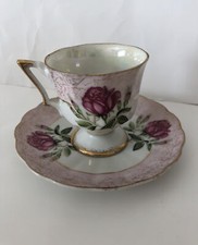 Child's Size Vintage Moss Rose Mini Tea Cup Saucer Hand Painted Floral