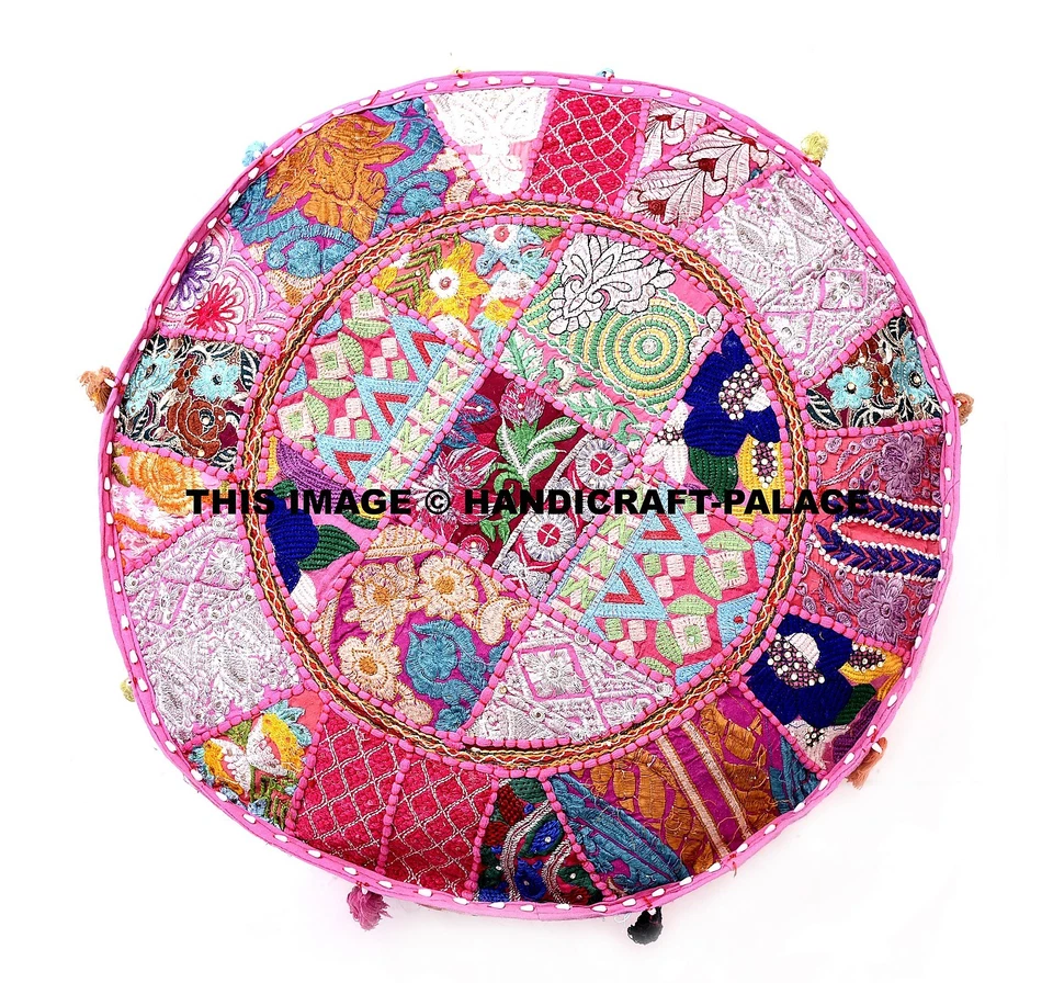 Nuevo Puf Indio Grande Redondo Asientos Cubierta Reposapiés Vintage Patchwork Otomano EE. UU. Foto 2 de 3