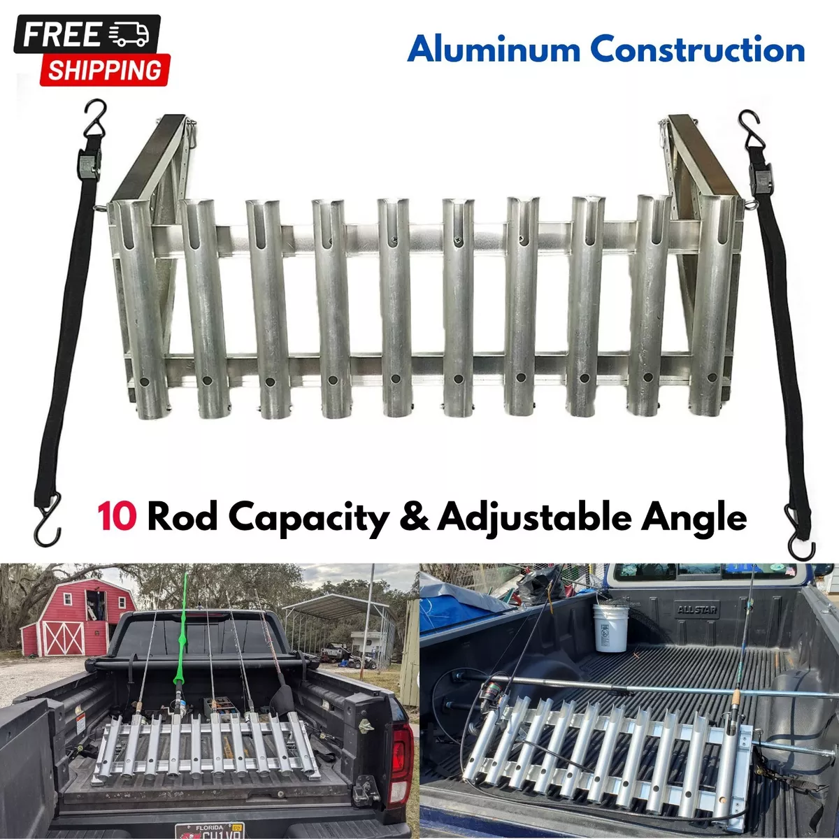 Truck Bed/Wall Mount Fishing Rod Rack Adjustable Angle Rod & Reel Holder  Storage