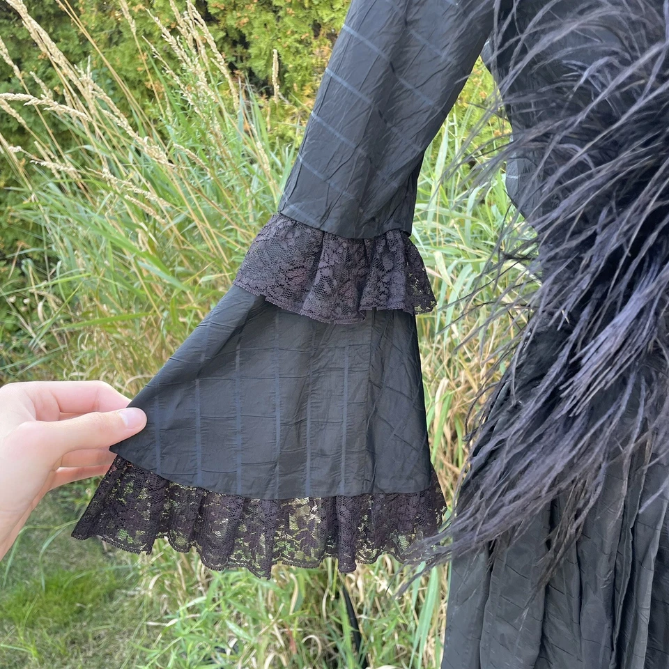 Antique Silk Mourning Dress Black Gown Lace Victorian Bustle Ostrich Feather VTG - Image 4 of 4
