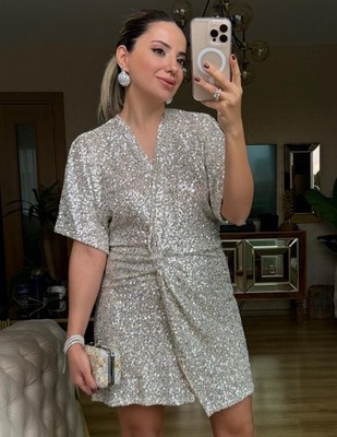 Zara ZW Collection Sequinned Dress Shoulder Pads Silver Size S REF