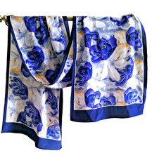 55"X13"Blue Camelia Print Pure Mulberry Crepe Silk Long Scarf 140cmX35cm 5-9