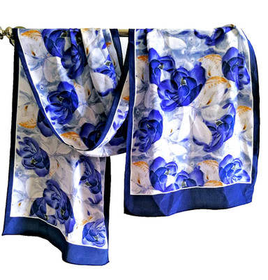 55''X13''Blue Camelia Print Pure Mulberry Crepe Silk Long Scarf 140cmX35cm 5-9