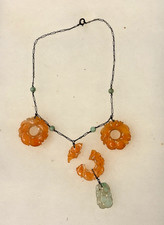 Antique Chinese Art Deco Sterling Silver Floral Carnelian and Jadeite necklace
