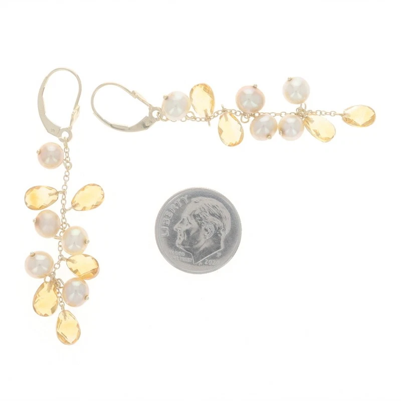 Yellow Gold Cultured Pearl Citrine Dangle Earrings - 14k Pierced - Image 3 of 4