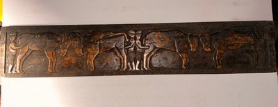 Antique EASTERN EUROPE CARVED WOOD FOLK ART FRIEZE PANEL OXEN & Herders Dowry