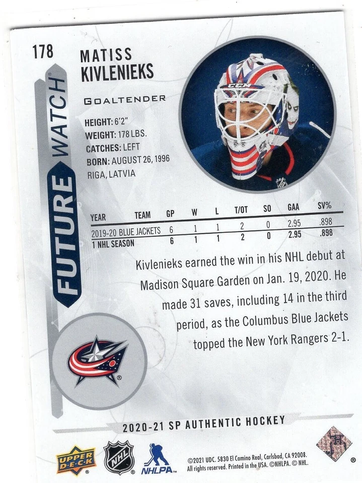 2020-21 SP Authentic #178 Matiss Kivlenieks RC /999 - Image 2 of 2