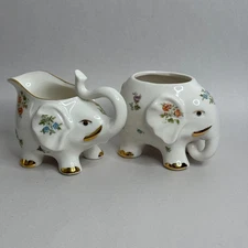 Grace's Teaware Porcelain Elephant Creamer and Sugar Bowl Set Floral Gold Trim
