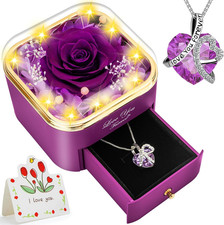 Preserved Purple Real Rose with Heart Necklace -Eternal Flowers Rose Birthday Gi