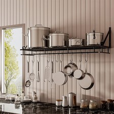 Wall Mounted Pan&Pot Rack 45/60cm Black with Hooks Kitchen Shelf Utensils Hanger