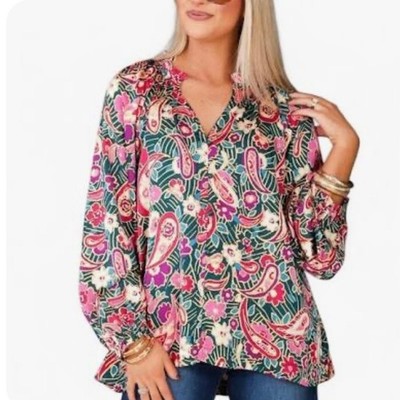 Umgee Multicolor Bold Paisley Button Down Blouse Size S Ruffled Neck Boho Chic