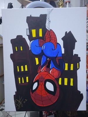Original Art 16x20-Spider-Man Chibi Cute Marvel Hero Cartoon Artwork Signed O.z