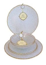 Plate & Bowl Set 2 Place Settings 6 Pc. Pebbled Glass Gold Trim Handcrafted Glas