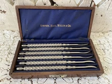 ANTIQUE SEAFOOD LOBSTER CRAB NUT PICKS IN WOOD BOX SIMPSON, Hall, Miller & Co 